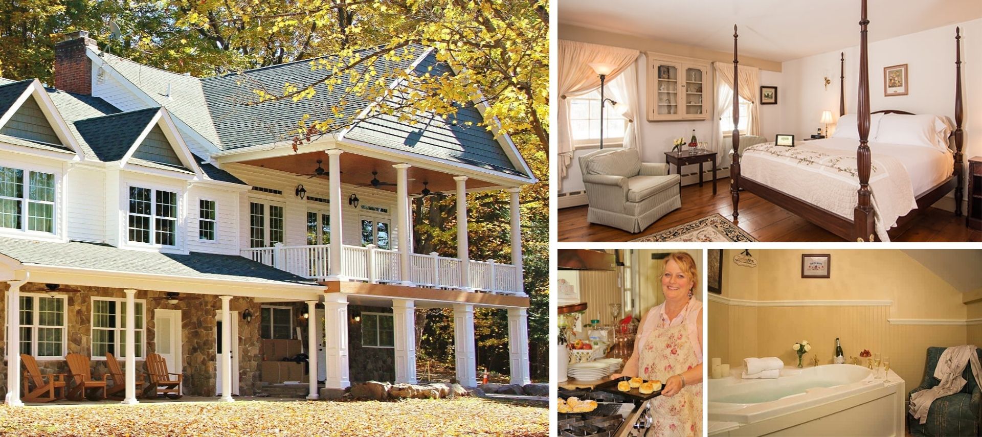 A collage of Caldwell House in fall, the Catherine Caldwell room, Dena baking in the kitchen, and a whirlpool tub with wine.