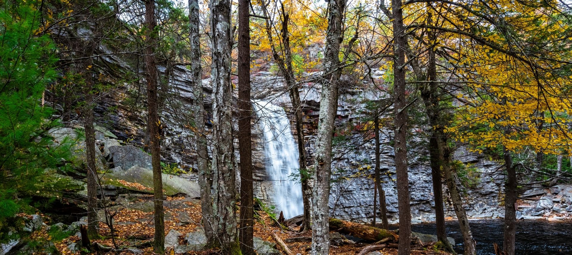 Waterfall flowing through a rocky forest at Minnewaska State Park Preserve, surrounded by yellow and green autumn foliage.