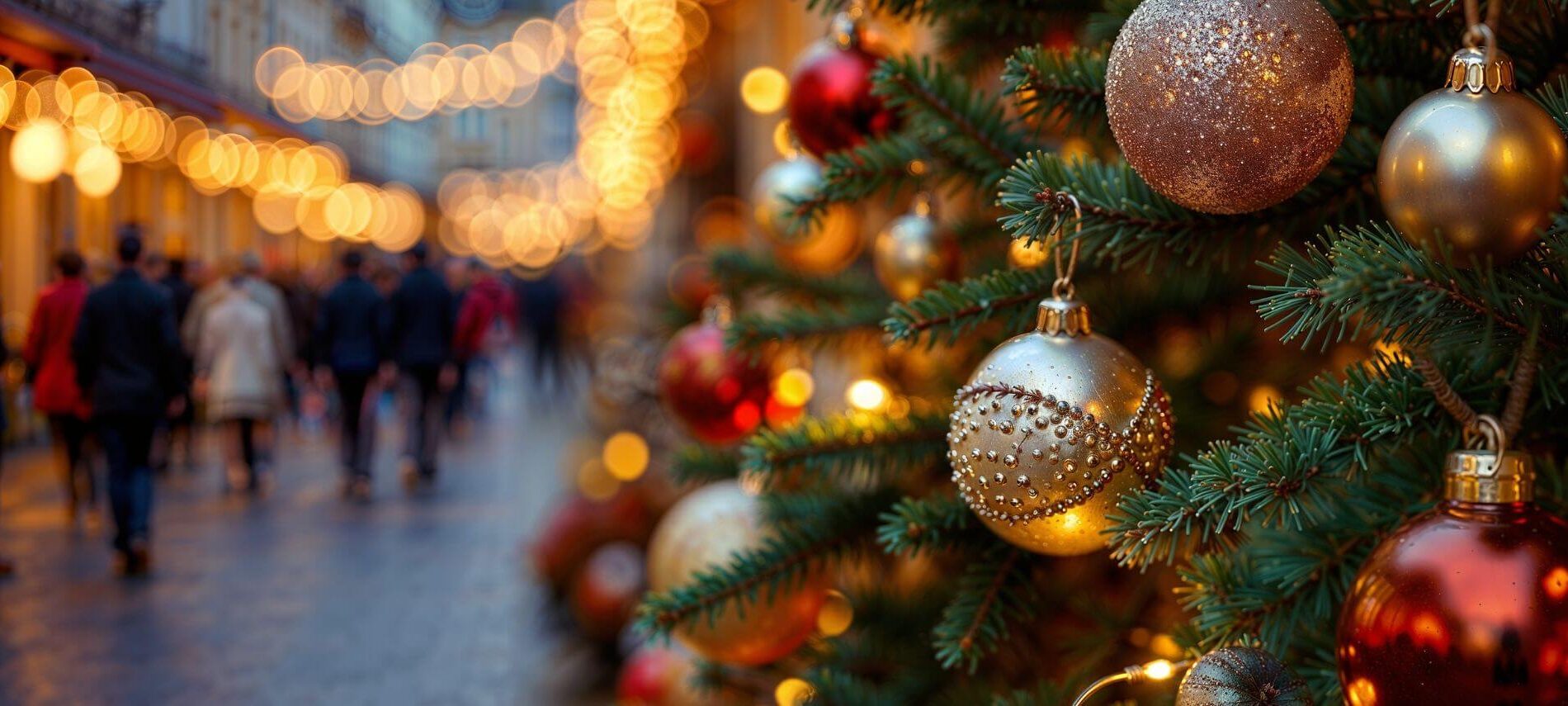 a close-up of a decorated christmas tree with holiday lights and people walking along the street in a holiday market