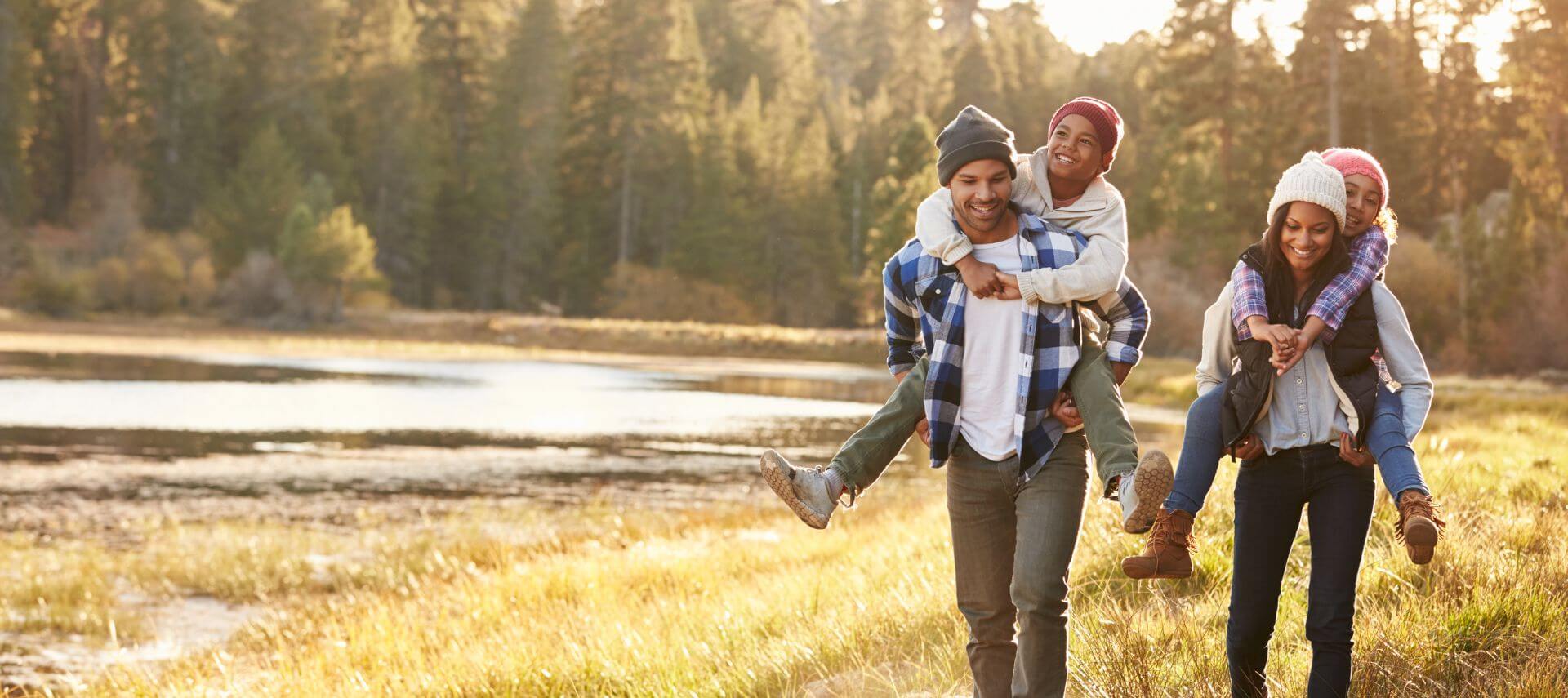 family hiking during autumn
