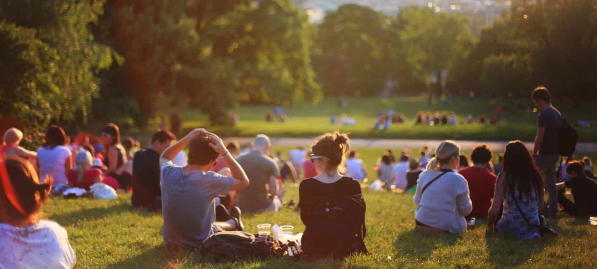 Group of people sitting on a lawn enjoying a summer concert