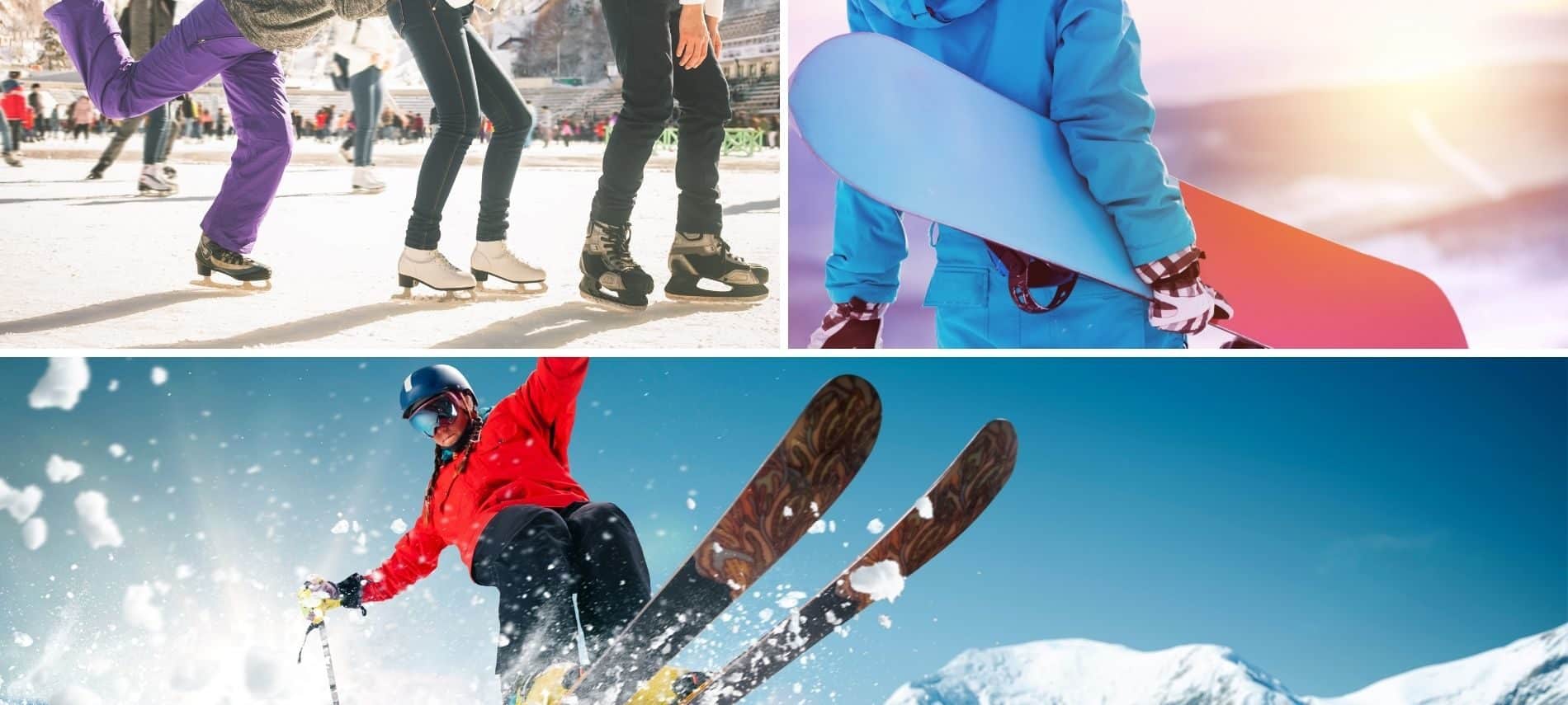 Grid of winter activities showing ice skating, skiing and snowboarding