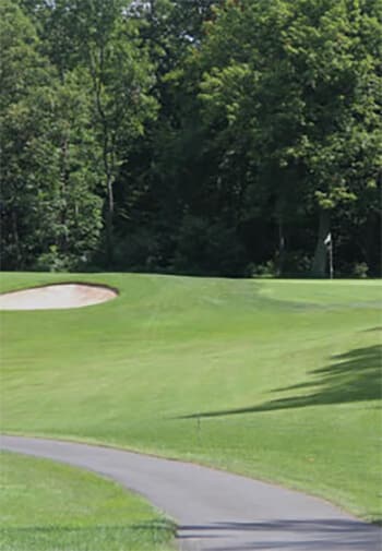 View of golf course with numerous tall green trees surrounding the golf pathway